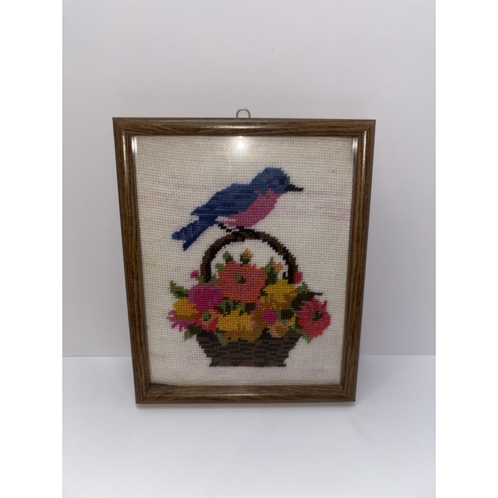 Vintage Needlepoint Picture "Bluebird‎ On A Wicker Basket 9x11